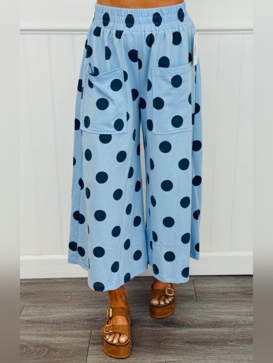 Oddi Pants - Oddi Blue Polka Dot Wide Leg Cropped Pants